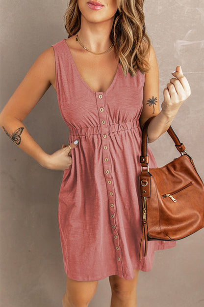 V Neck Button Down Sleeveless Waisted Dress