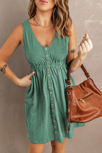 V Neck Button Down Sleeveless Waisted Dress