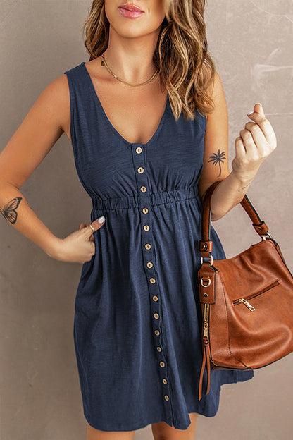 V Neck Button Down Sleeveless Waisted Dress