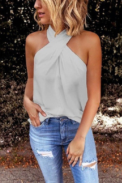 Criss Cross Halter Solid Sleeveless Top